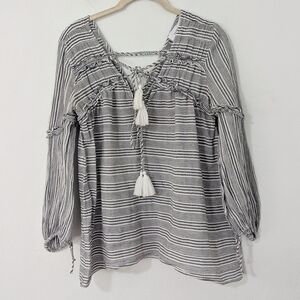 Derek Lam 10 Crosby Cross Tassel Striped Blouse Lightweight Gauzy White Gray 4